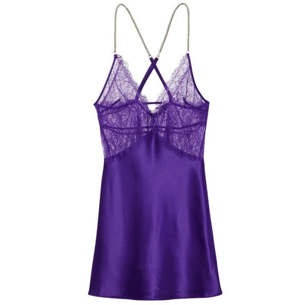 💜 Victoria’s Secret Purple Lace Satin Chemise Slip Dress Gem Straps XS